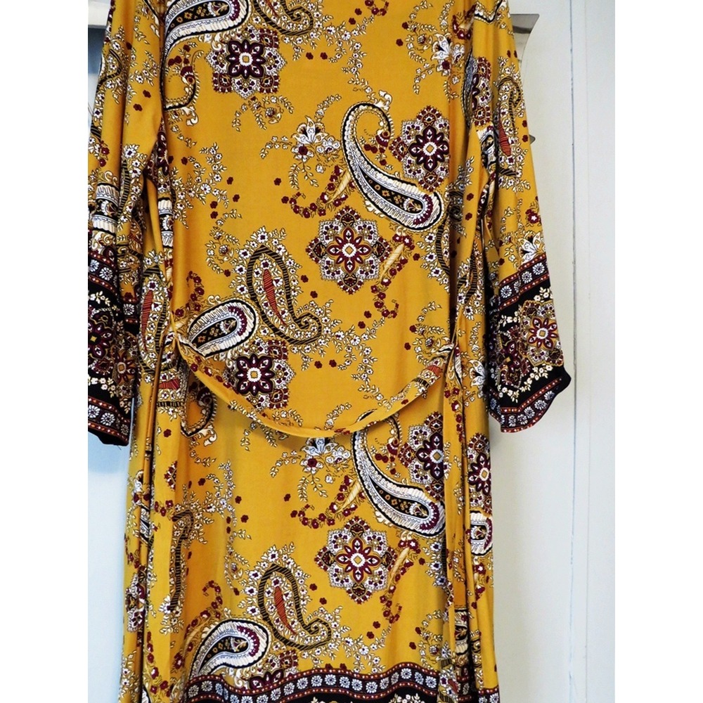 NY Collection Paisley Print Dress 2X Mustard Yellow Stretch Shift 3/4 Sleeves - Picture 8 of 9